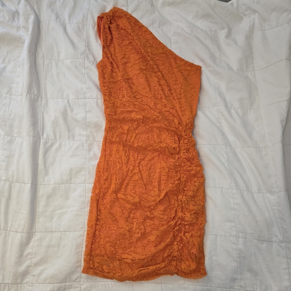 Bebe Orange One-Shoulder Lace Dress